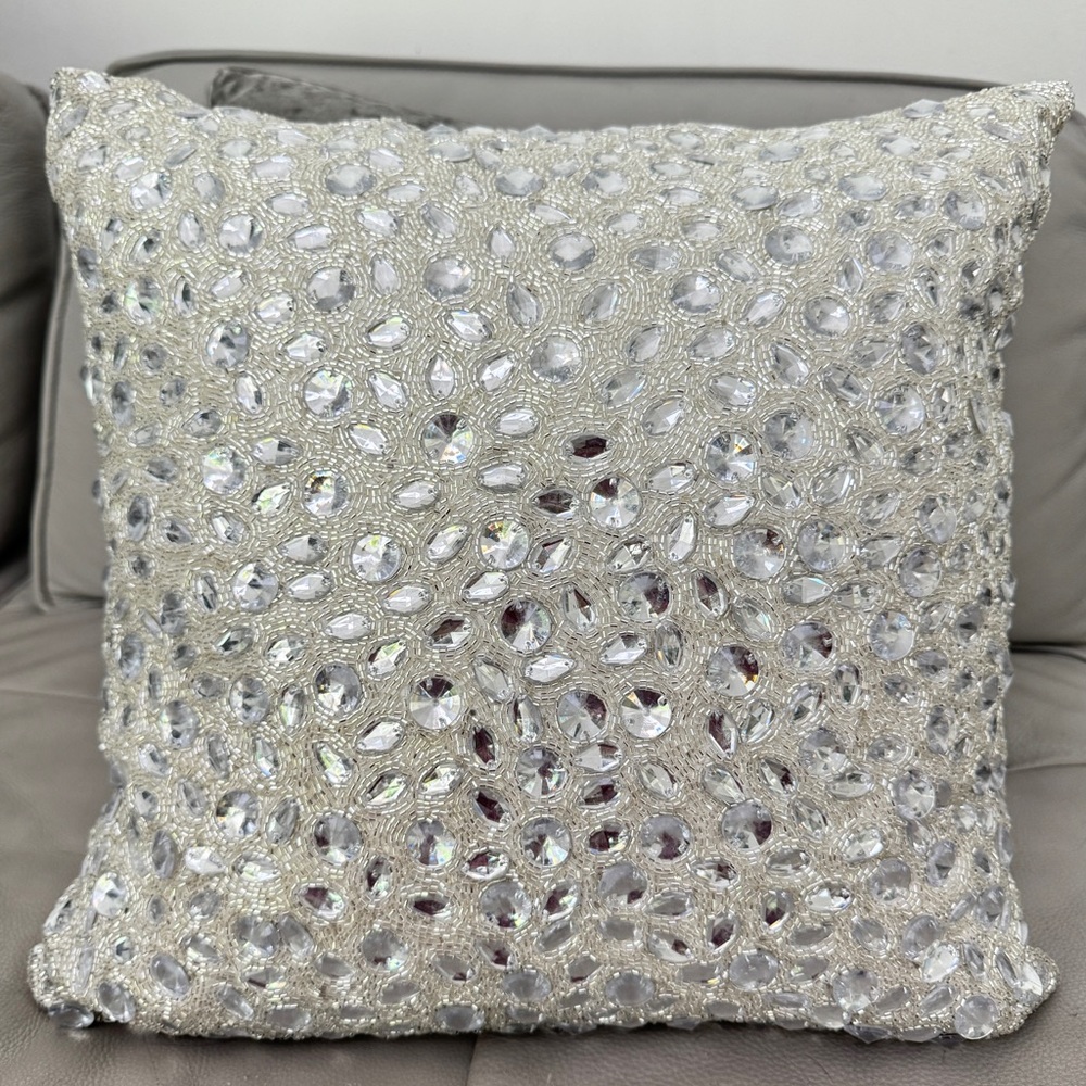 Elie Tahari Home Rhinestone 18x18 Jeweled White Crystal Crystals Beaded Pillow